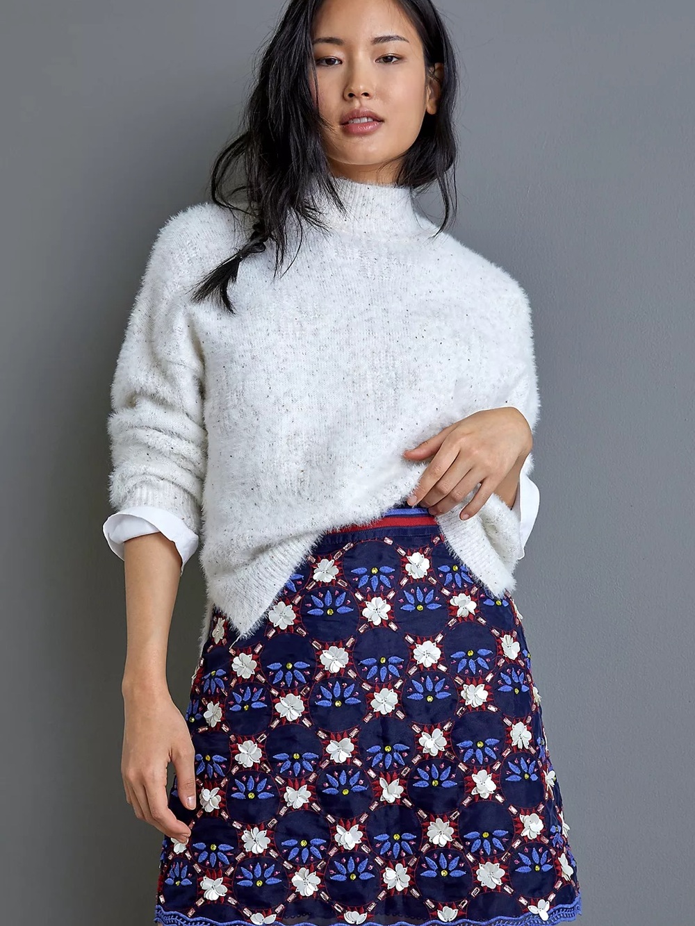 Maeve Navy Floral Appliqué A-Line Skirt with White Flowers